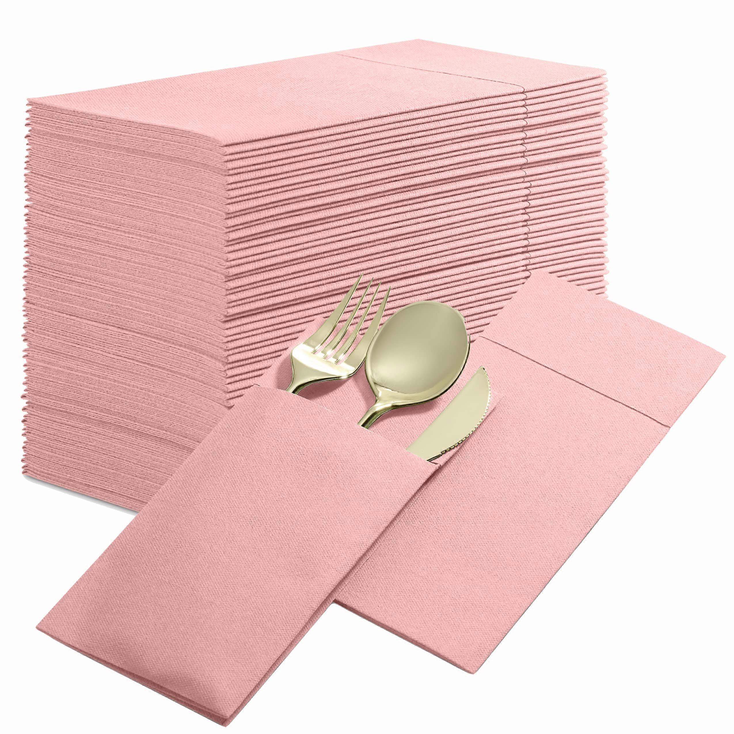 50-Pack Disposable Dinner Napkins with Flatware Pocket, Prefolded Linen-Feel Paper Napkins, Pink for Weddings and Parties