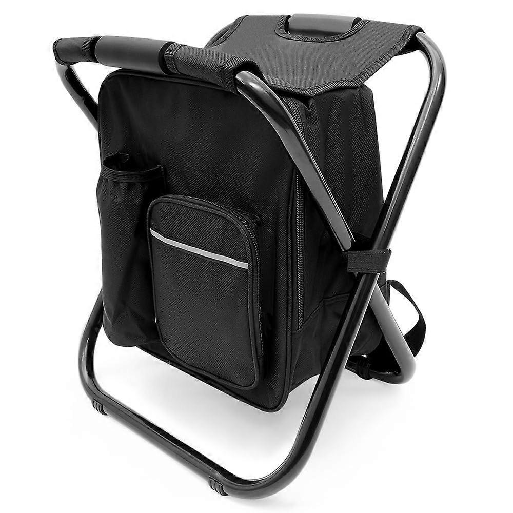 Folding Camp Stool with Backpack and Cooler Bag, Portable Walking Chair for Fishing and Hunting, Black