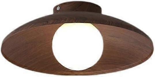 1-Light Retro Close to Ceiling Lamp, G9 Imitation Wood Grain Iron Shade, Round Glass Ceiling Light Fixture