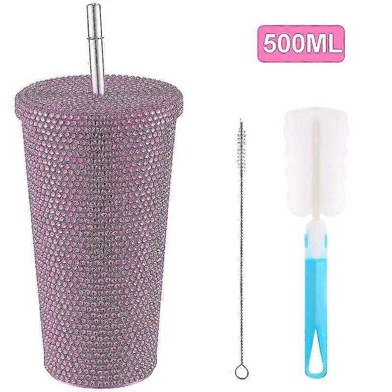 יהלום ורוד בלינג 500 מ"ל - בקבוק מים מנצנצים מנירוסטה עם עיצוב קש, מכסה ואבן חן; כולל מברשות ניקוי.