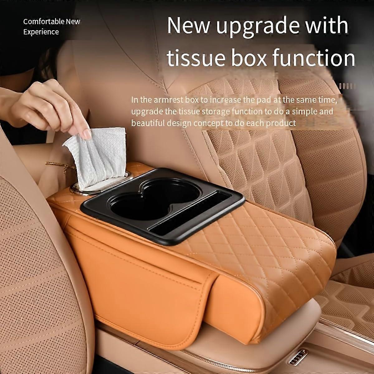 Car Armrest Extender with 2 Cup Holders, Phone Slot and Side Pockets, Universal Fit Storage Pad (Brown)