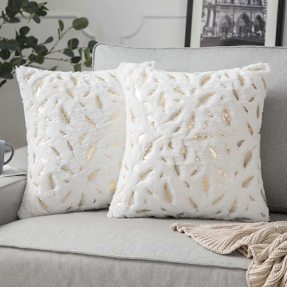 2 pieces.Short Plush Hot Stamping Feather Pillowcase White 45*45cm without core