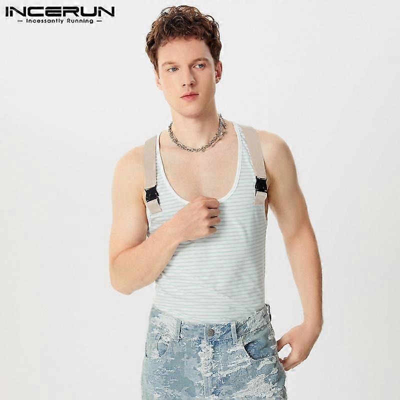 INCERUN Men Summer Strap Sleeveless Striped Tops Casual Patchwork Vest