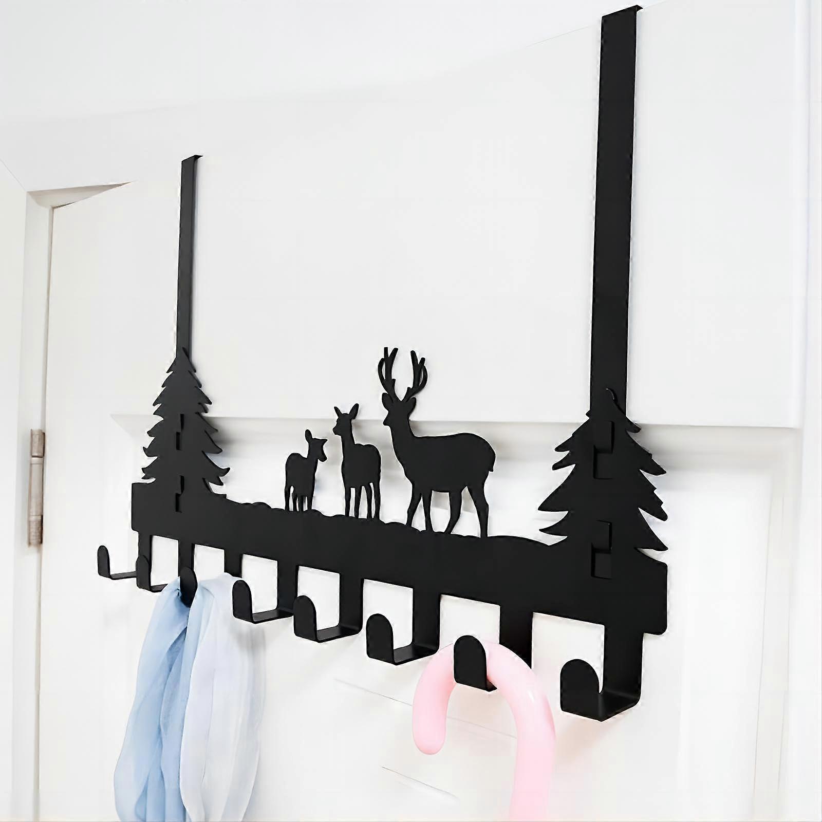 Simple Over the Door Hook Organiser with 8 Hooks, Wall Mounted Metal Frame with Deer Design for Bathroom, Black