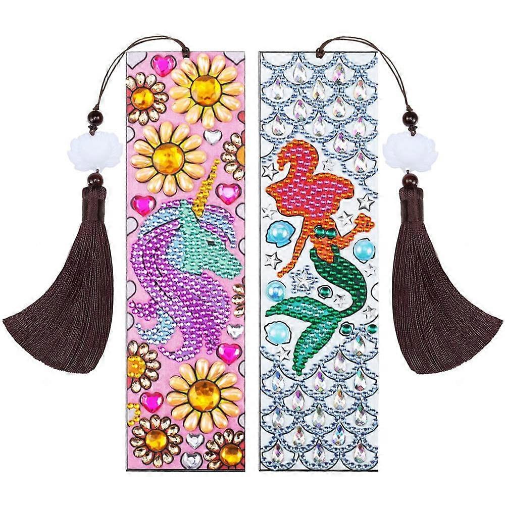 5D Diamond Painting Bookmark Set - DIY Unicorn and Mermaid Leather Tassel Bookmarks for Students and Beginners Crafting