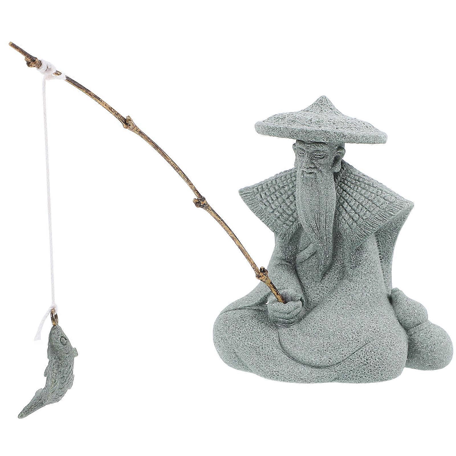 Resin Fisherman Statue for Fish Tanks, Bonsai Gardens & Zen Spaces – Weatherproof Asian Decor with Intricate Details for Tranquil Ambiance