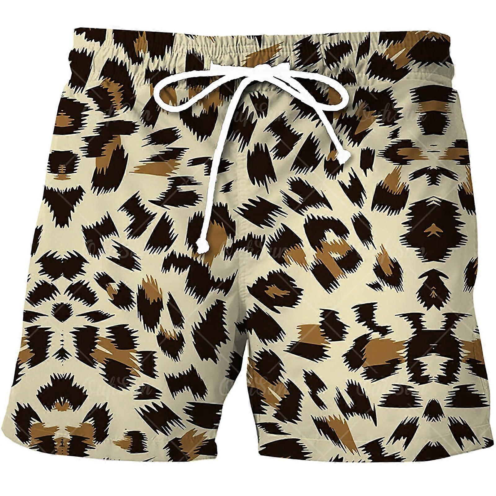 Beach Shorts Men's Swimming Trunks With Leopard Print Quick Dry Yellow Size S Drawstring