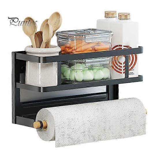 Magnetic Storage Rack with Paper Towel Holder Large Capacity Easy to Install Fridge Spice Shelf Kitchen Organizer with Towel Roll Holder