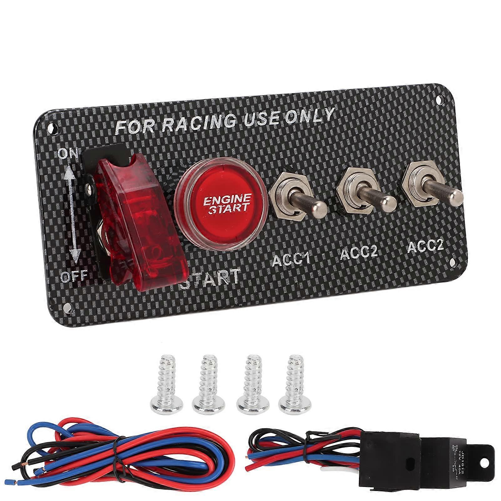 12V 40A Ignition Panel Kit with Carbon Fiber Push Button, LED Rocker Switch, Aluminum Alloy for Racing Cars and RVs