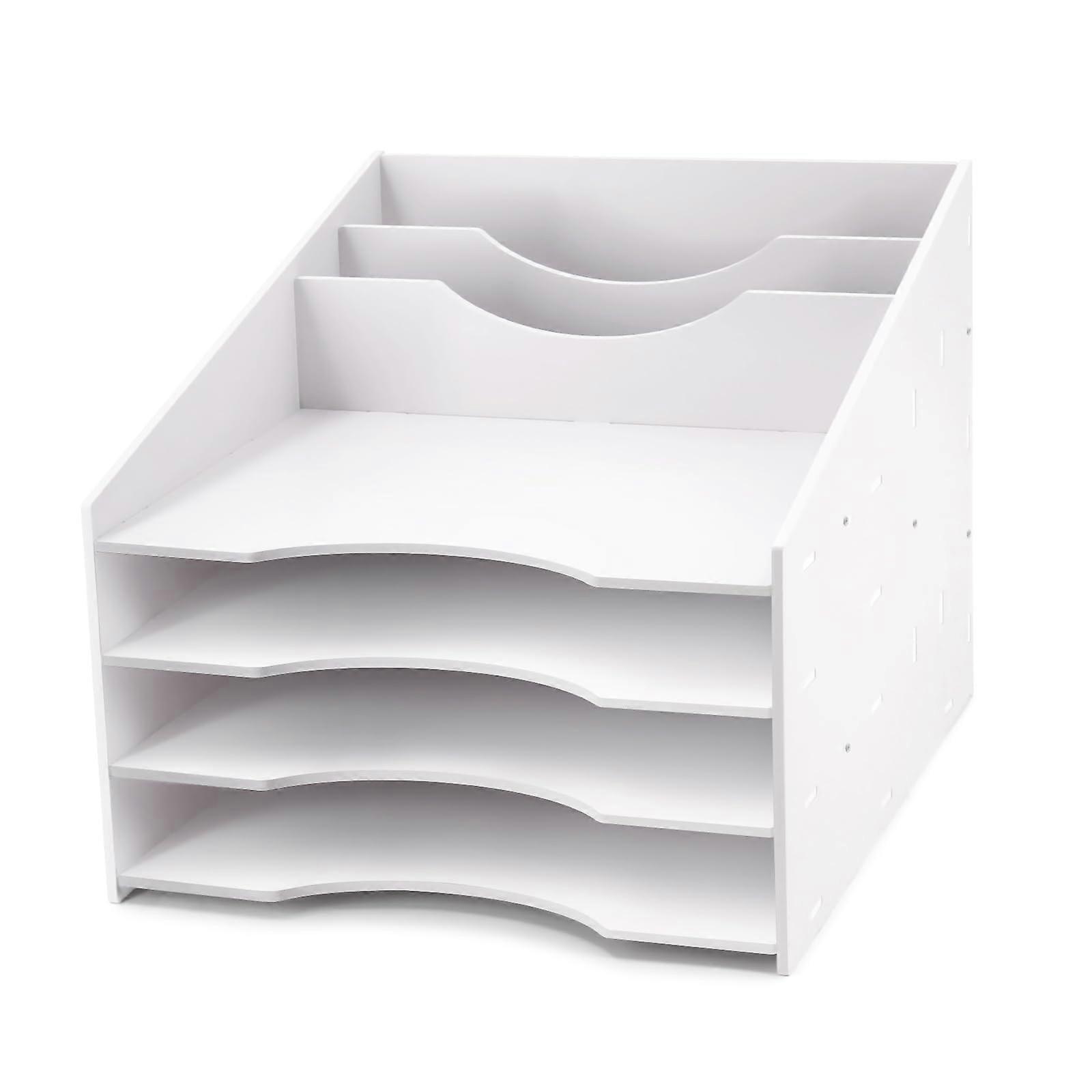 Paper Desk Organizer Desk Organizer with Horizontal and Vertical File Folders, Letter Tray, 4 Tier Paper Sorter for Home, Office, School, White