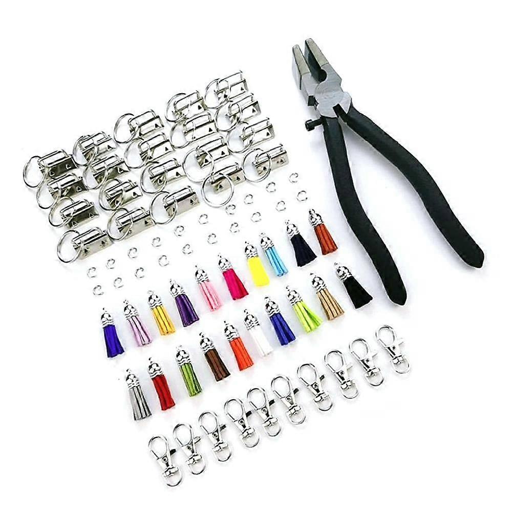 71-Piece Keychain Hardware Set with 20 Keychain Charms, 20 Tassels, 20 Open Rings, 10 Snap Hooks, and Pliers in Assorted Colors