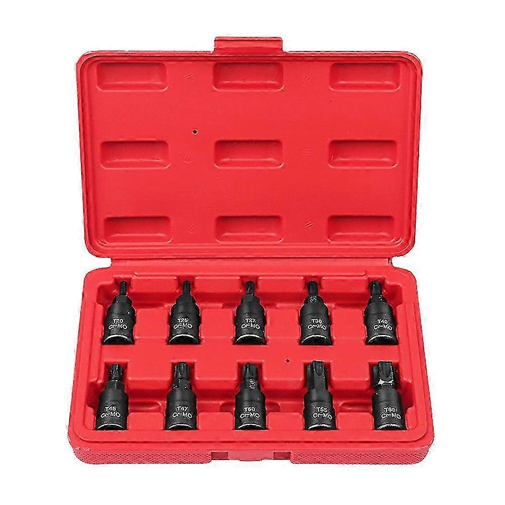10Pcs Bit Socket Set,Torx Hex Sping Star Bits, T20-T60 with Premium Cr-Mo Steel 3/8 Inch Drive Enhanced Storage