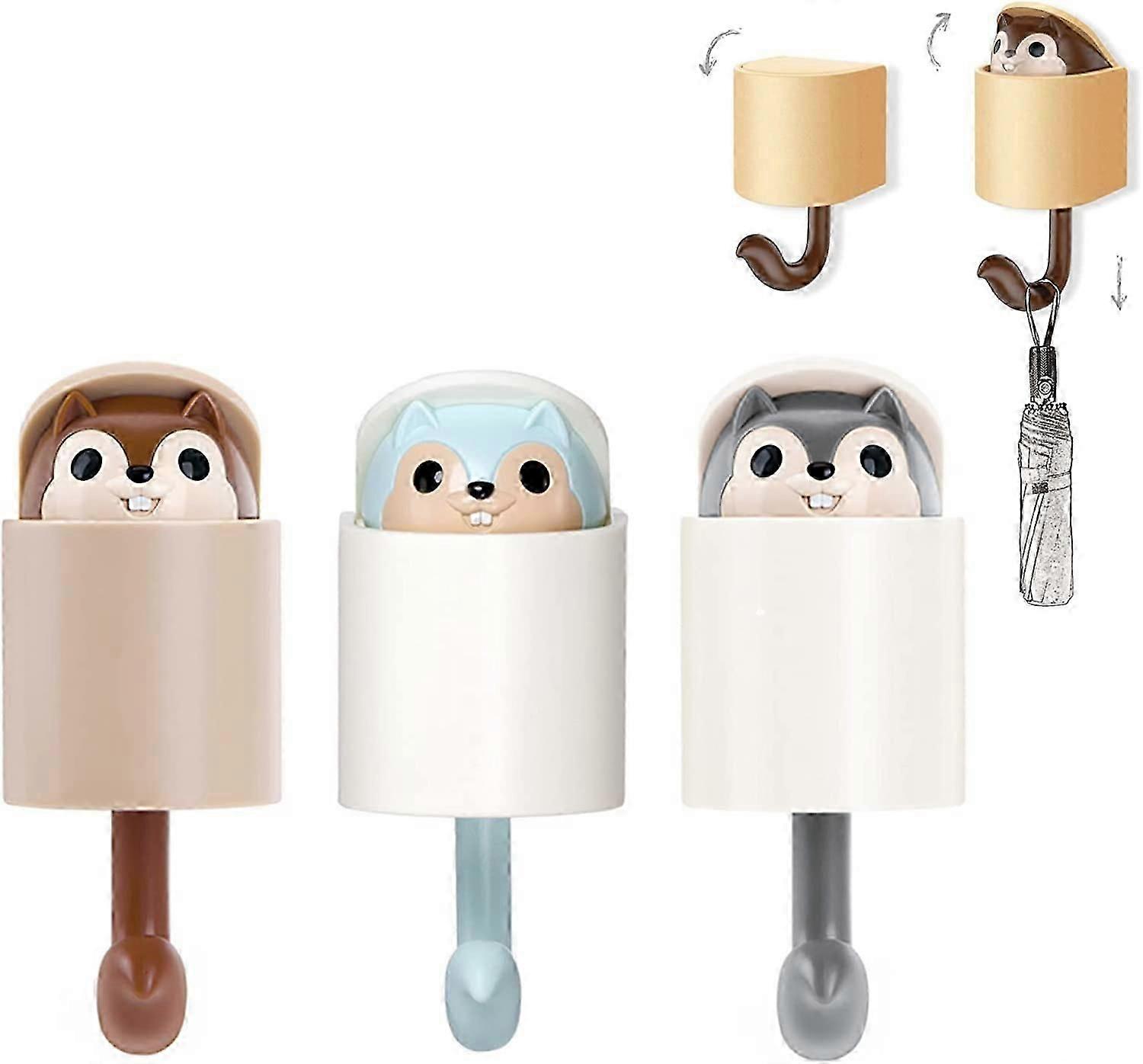 3 Pieces Self-Adhesive Squirrel Wall Coat Rack Hooks for Home