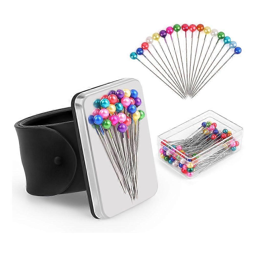 Bracelet magnétique en forme de pelote à épingles avec 100 pièces 1,5 pouce ensemble d’épingles à coudre à tête sphérique, support d’épingle de poignet en silicone pour le matelassage A