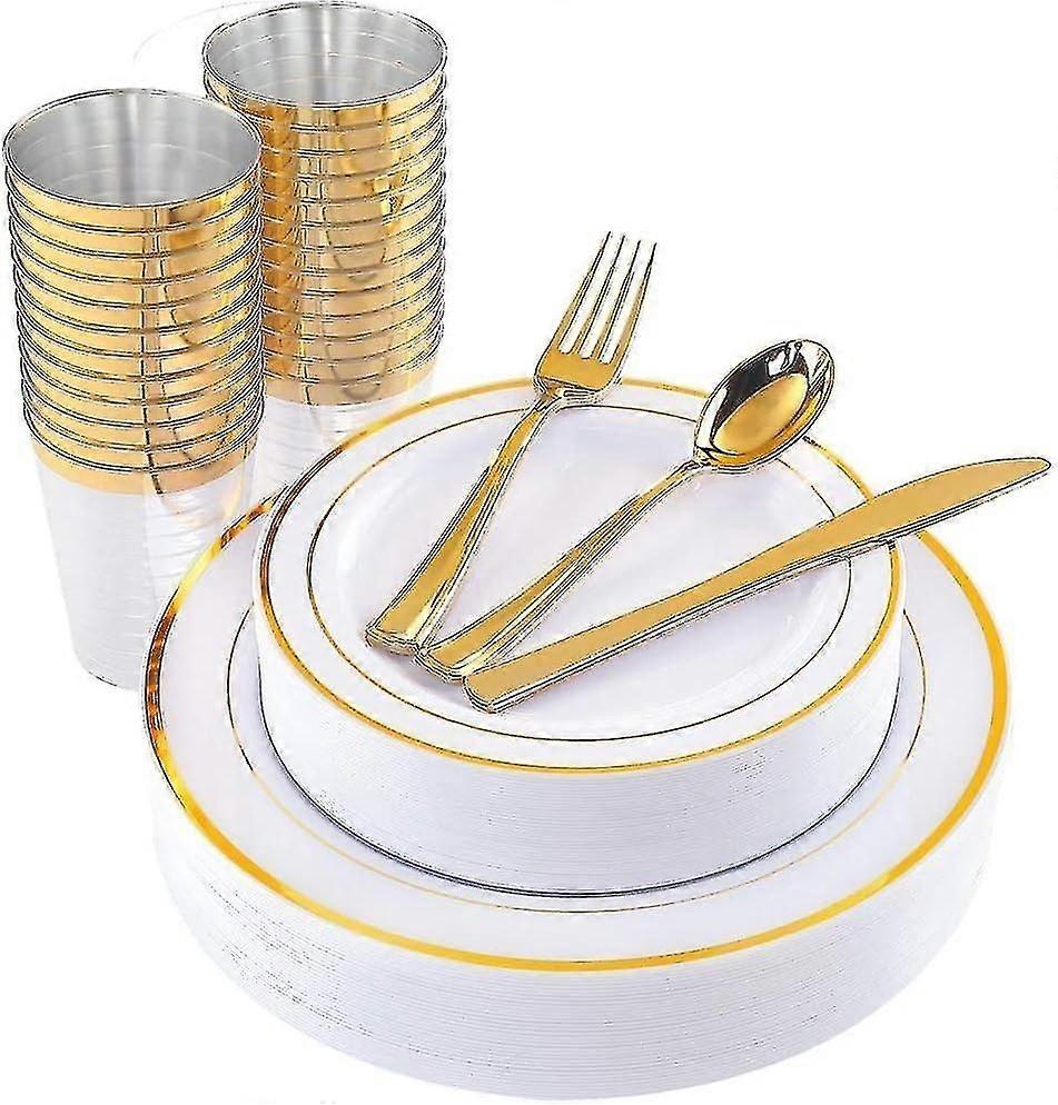 150pcs Multi-use Gold Plastic Dinnerware Set, 25pcs Resuable Dinner Plates, 25pcs Salad Plates, 25pc