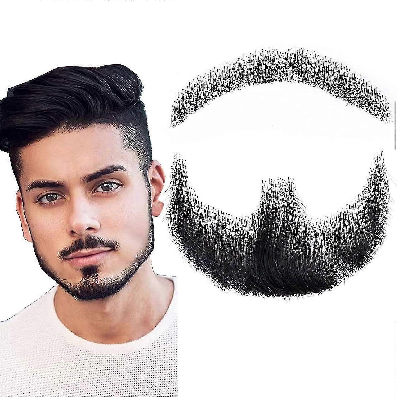 Fake Mustache Fake Beard Goatee Beard Realistic 100% Human Hair Full Hand Tied Goatee False Beards Lace Invisible Fake Mustache for Dressing Men Makeu