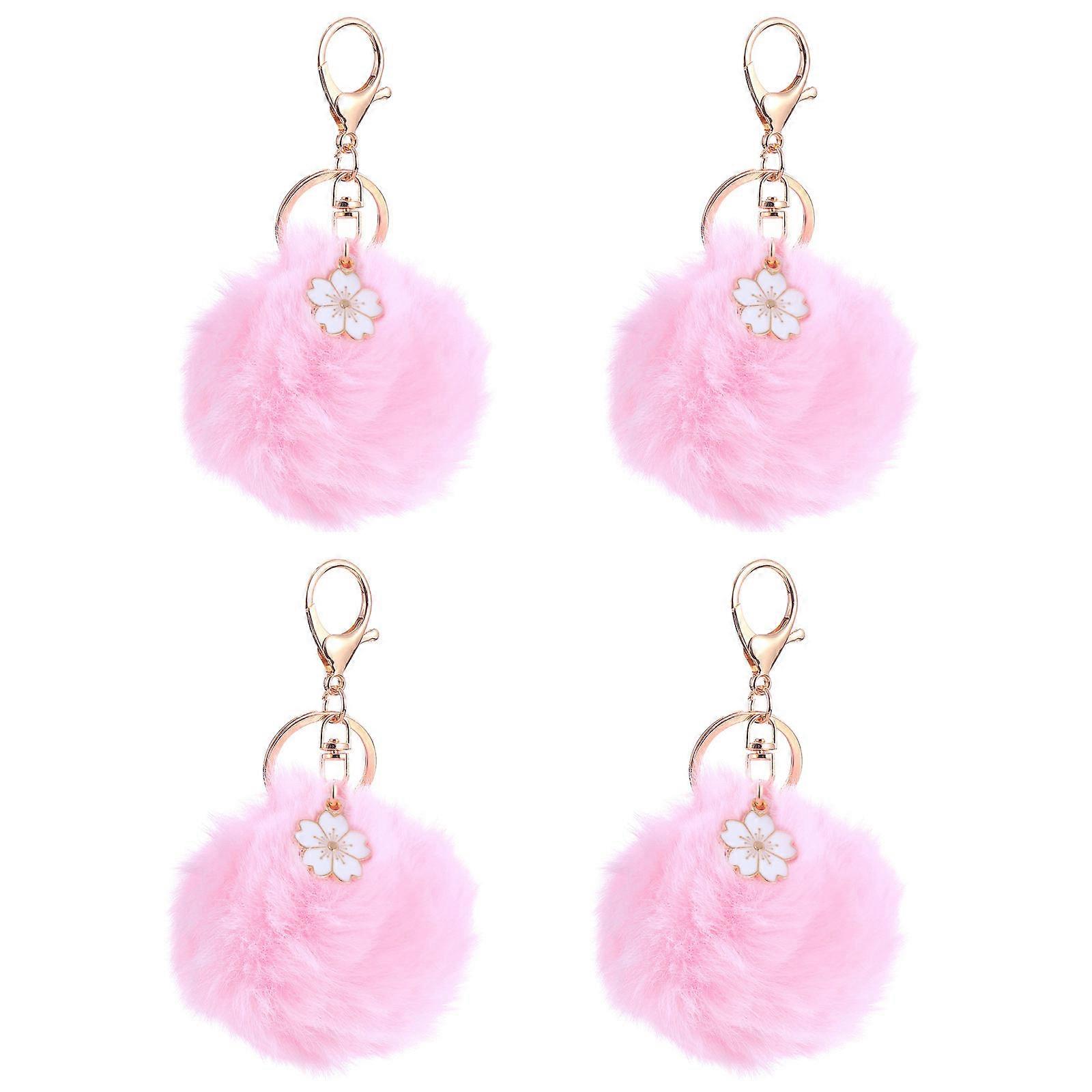 Keychain Flower Key Chains for Decoration 4Pcs Fuzzy Ball Ornaments Pink