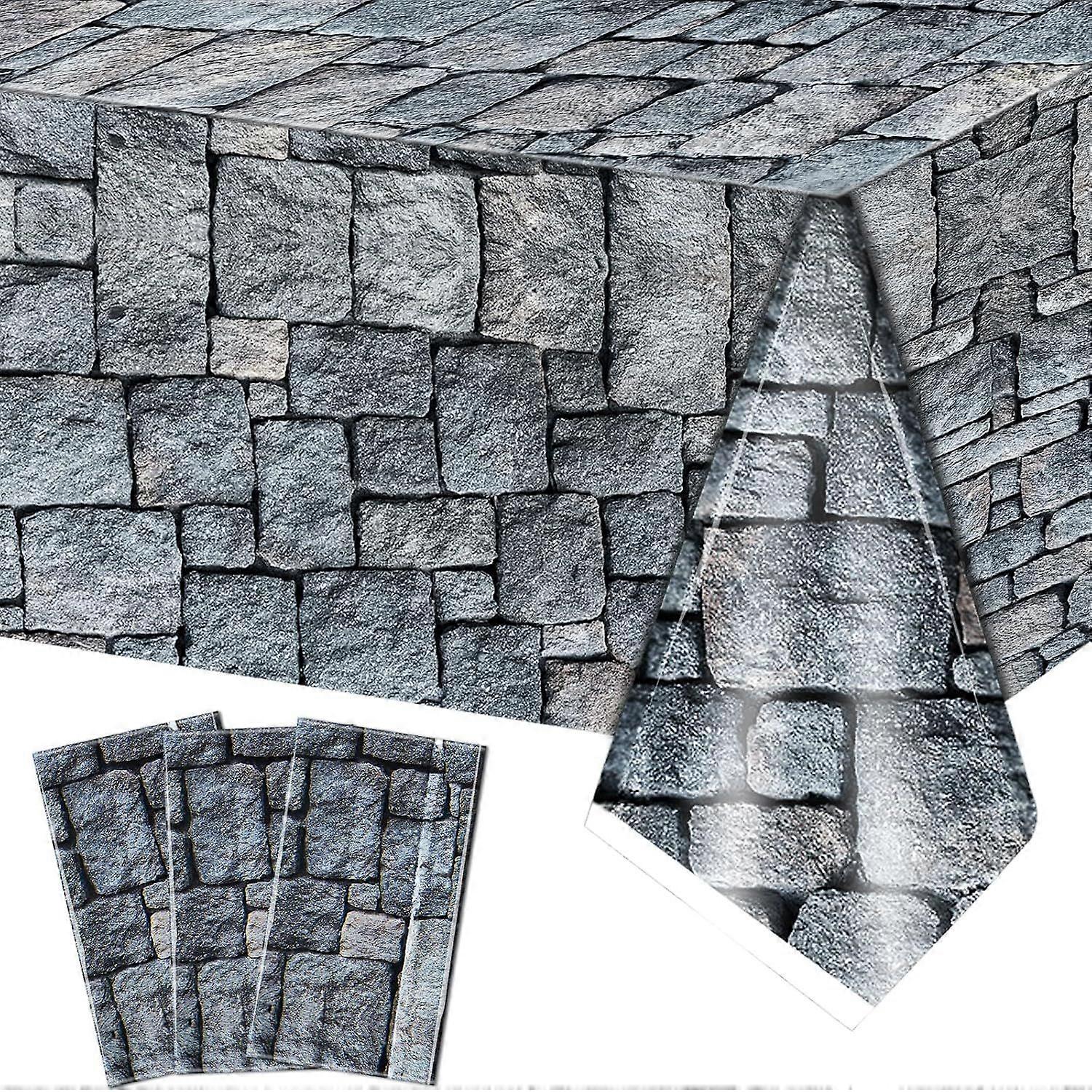 Medieval castle and knight themed plastic tablecloth with stone pattern