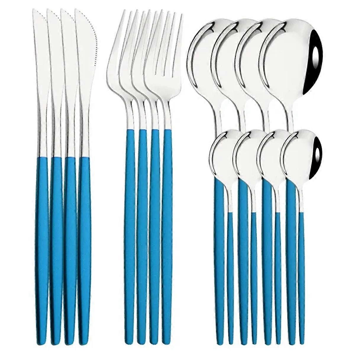 16Pcs Blue Silver Dinnerware Stainless Steel Cutlery Set Knife Tea Spoon Dinner Flatware Set Kitchen SilverwareTableware