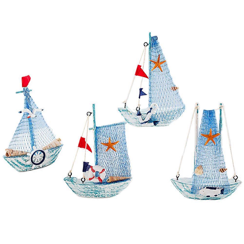 Wooden Sailboat Model 4Pcs Assorted Color Versatile Placement for Home Decoration
