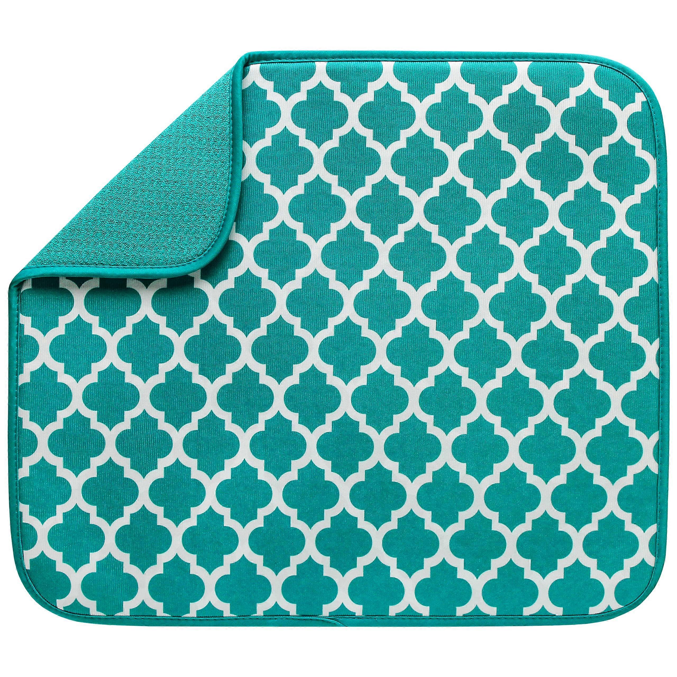Absorbent, Reversible Microfiber Dish Drying Mat For Kitchen 16 Inch x 18 Inch Teal Trellis