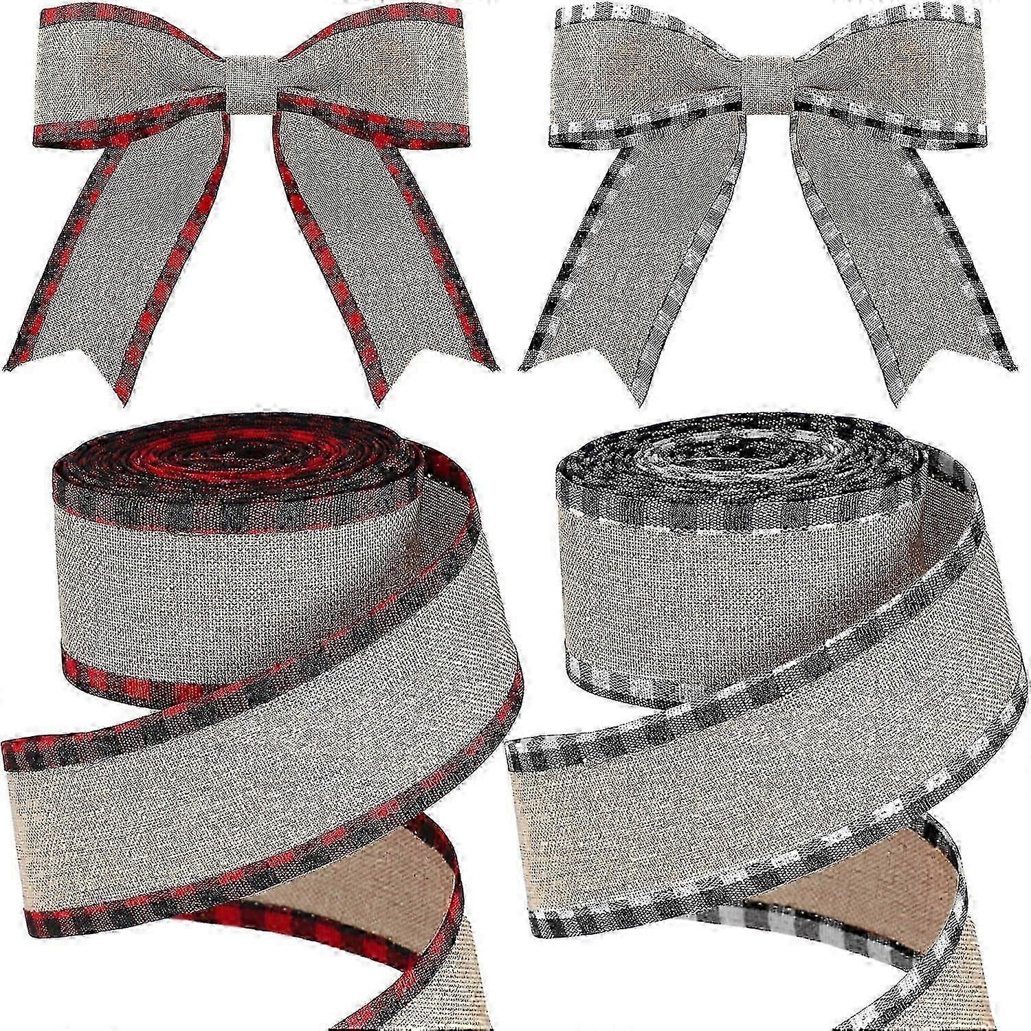 2 Rolls Christmas Buffalo Plaid Wired Edge Ribbons Christmas Tree Burlap Fabric Craft Ribbon Wrapping Ribbon with Checkered Edge, 2mx2 (Black and Whit
