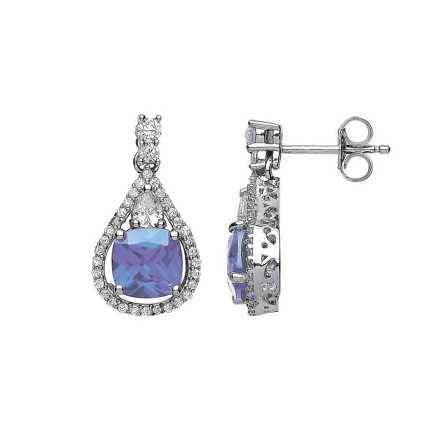 Jewelco London Ladies Sterling Silver Tanzanite-Violet Cushion Cubic Zirconia Halo Teardrop Drop Earrings