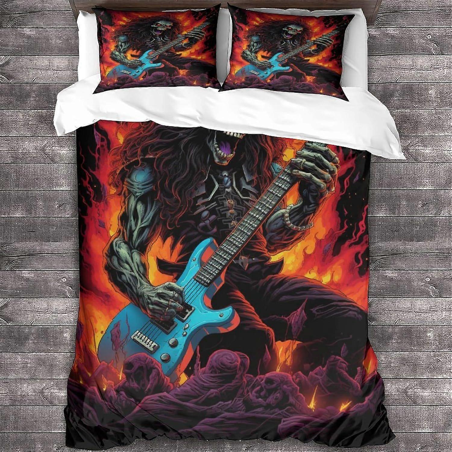 مجموعة الفراش من روك أند رول ، مجموعات غطاء لحاف لحاف لحاف الجمجمة ثلاثية الأبعاد ، غطاء سرير الغيتار المعدني الثقيل ناعم ، طقم لحاف الجمجمة مع سحاب مزدوج