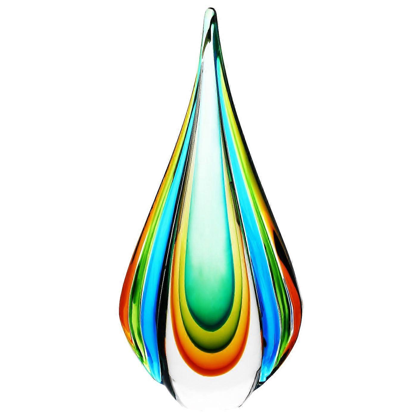 Murano Glass Sculpture Hand Blown Green Flame Teardrop Centerpiece with Vibrant Multicolored Design
