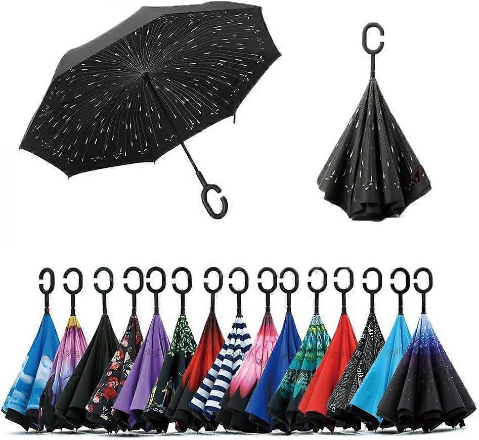 Double Layer Inverted Umbrella. C Shape Handle Reverse Folding Umbrella. Anti-UV