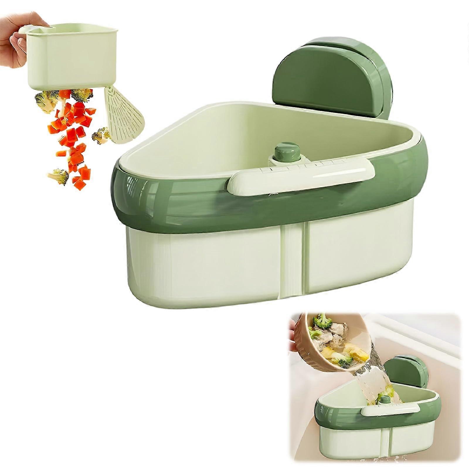 Corner Sink Strainer with Press Suction Cup, Automatic Dumping Basket, SpaceSaving Triangle Holder (Green)