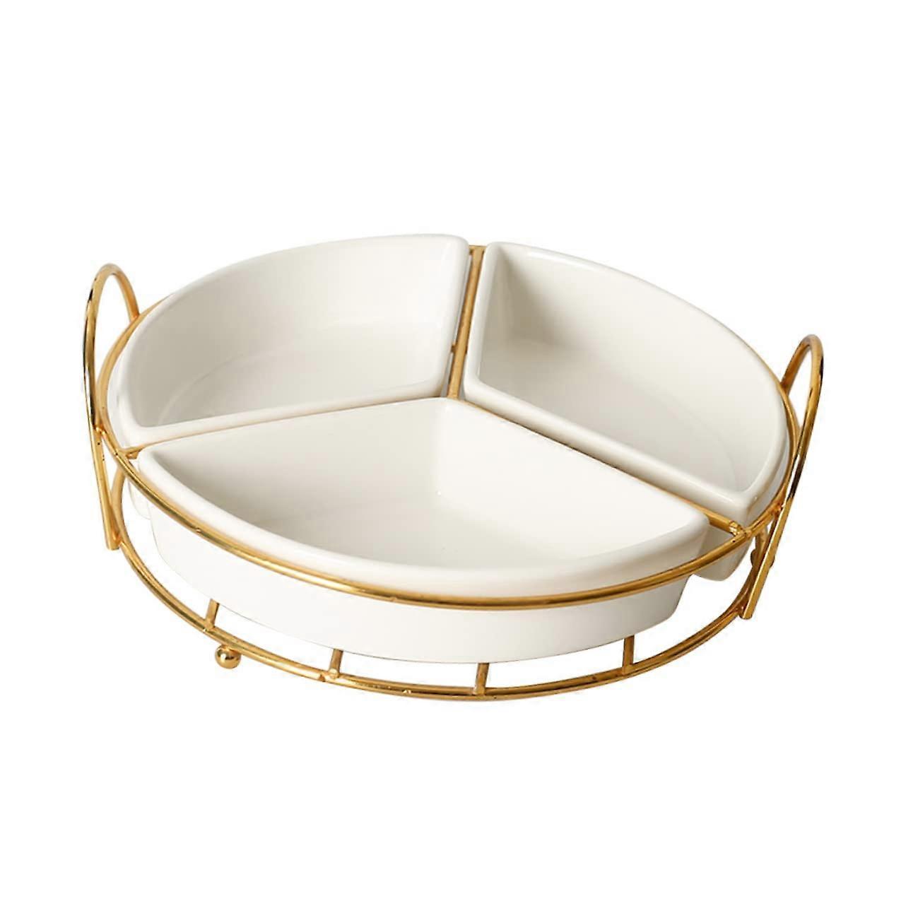 Ceramic Fruit Tray with Rack, ThreeGrid Snack Serving Plate, White Candy and Dried Fruit Dish