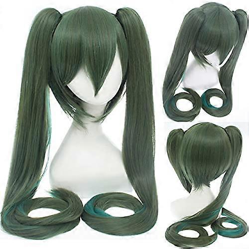 Cosplay Wig with Ponytails Blue Green Long Hair Anime Wig + Wig Cap