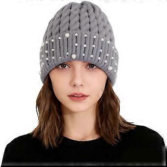 Gorro de punto de invierno versátil AWZXDE con diseño sólido de cúpula de cuentas cálidas para clima frío gris