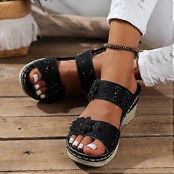 Willtoo Dames Elegante Zomersandalen met Platte Voetboogondersteuning, Modieus Orthopedisch Comfortabel Instapmodel Vintage Bloemenprint Platform Sandalen met Sleehak, Zwart US-7 (EU-38)