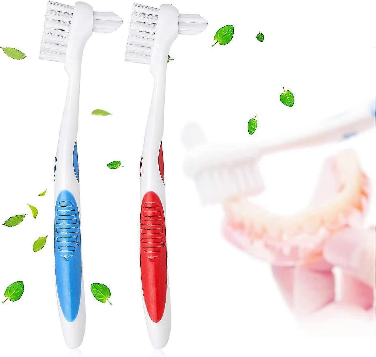 Denture Cleaning Double Head Toothbrush Set Red Blue