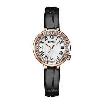 Elegante Damenuhr von OFNS in Roségold mit Diamantlünette, schwarzem Lederarmband und römischen Ziffern – ein zeitloses Modeaccessoire