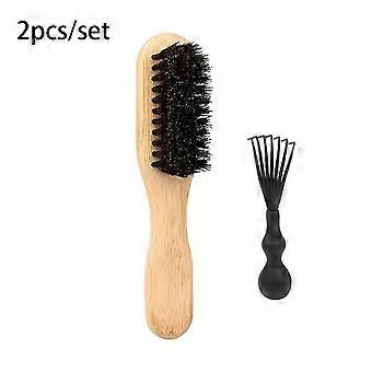 2 Pcs Beard Brush and Comb Set, Wooden Handle Bristle Hair Brush with Cleaning Tool, Mens Grooming Kit for Styling and Smoothing