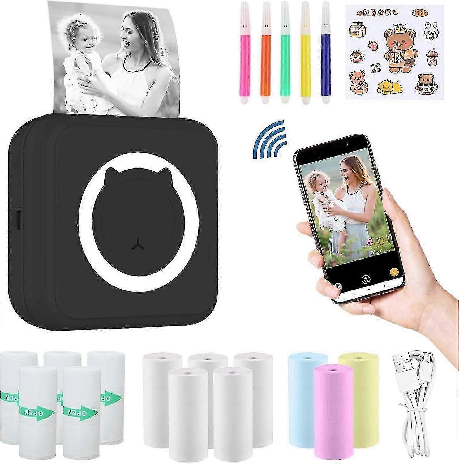 Mini Printer, Mini Portable Printer, Mini Thermal Printer, Inkless Printer, DIY Portable Photo Printer - Black