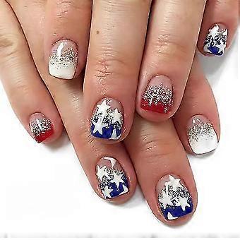 4 juli Press On Nails Korta Fyrkantiga Röda Blå Glitter Lösnaglar Kit för Kvinnor Återanvändbara Festliga Design
