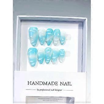 Blue Ombre Press On Nails Set Long Almond Shape with Shimmery Starry Design Reusable Medium Size