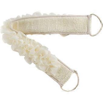 Eksfolierende rygskrubber med loofah-funktion, brusesvamp i net med rebhåndtag, holdbar, maskinvaskbar, til mænd og kvinder, 63 cm lang, beige, badekarspa