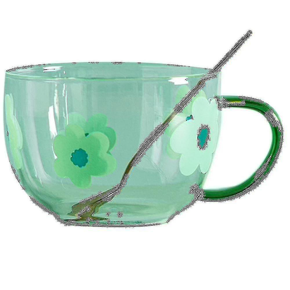 500ml Glass Milk Mug With Flower Pattern, With Spoon Green