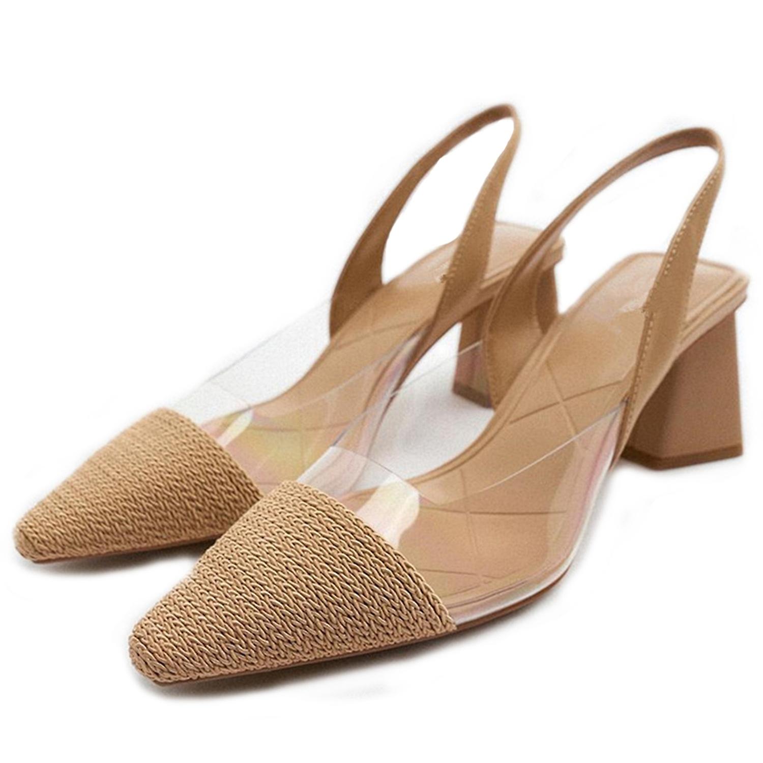 Women's Closed Pointed Toe Clear Low Block Heels Sandals Summer Slingback Braided Transparent Strap 