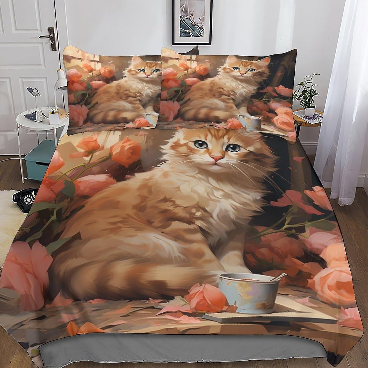 Creative Cat 3D Three-dimensional Digital Print Duvet Cover Bedding, 3 Pieces, Animal Print Quilt Cover Piece Matching Pillowcase with Zipper Closure