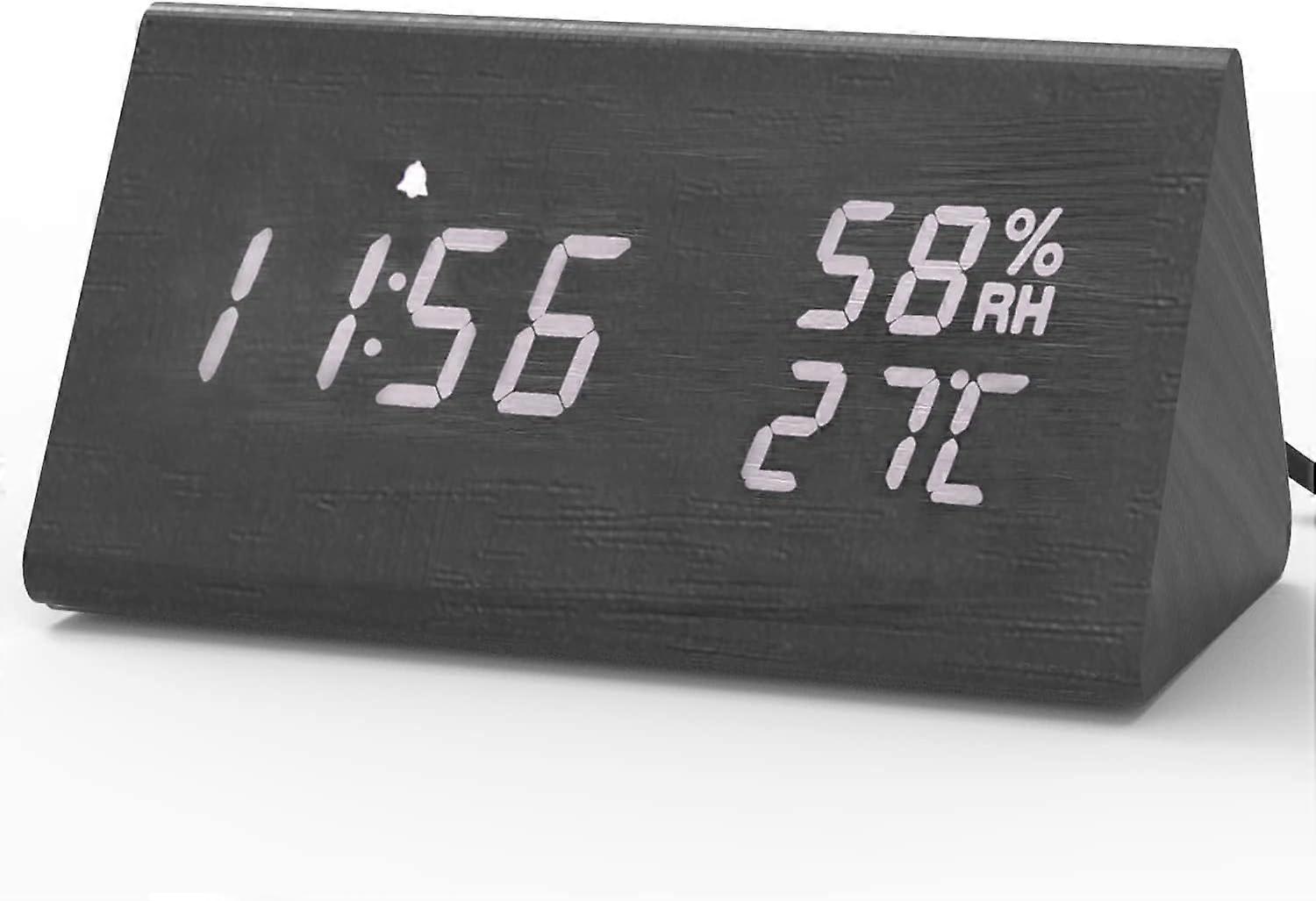 Digital Alarm Clock, Wooden Bedside Clock with Clear LED Display, Snooze Function, Brightness Adjustable, Temperature