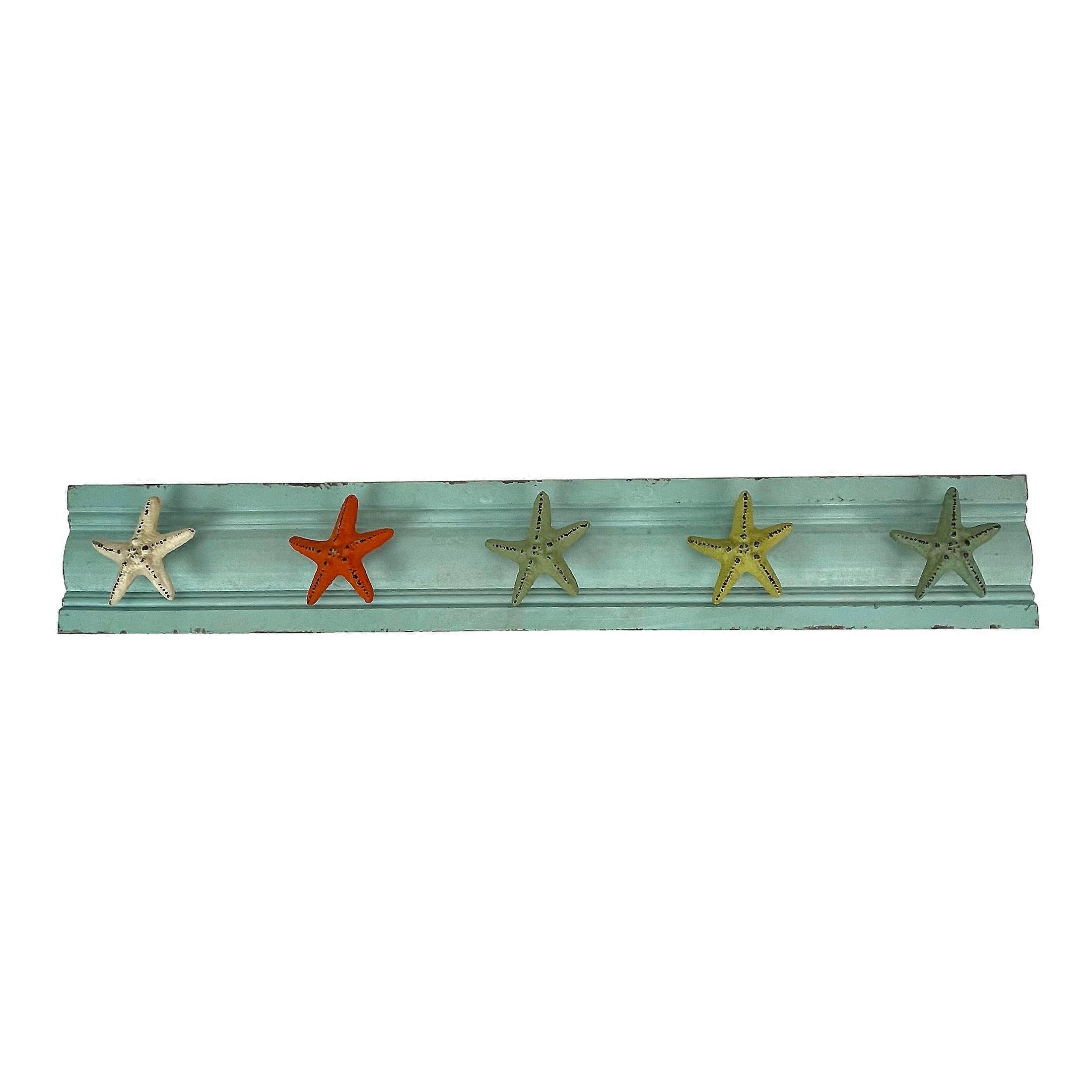 Charming Cast Iron Starfish Wall Hook Rack – 31.5 Inch Wooden Backing – 5 Hooks for Keys, Towels, or Accessories – Perfect Coastal Decor
