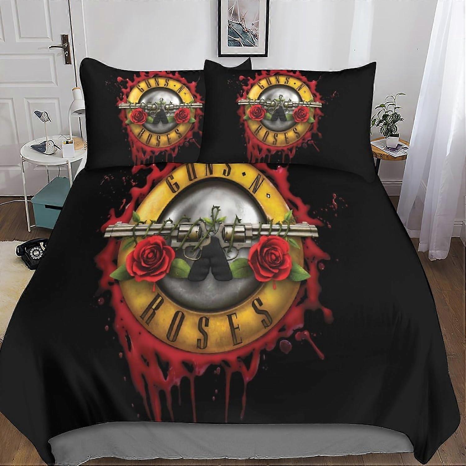Gun and Rose Bedding Set 3D Duvet Cover, Printed 3 Pieces, Skull Microfiber Bedding with Zipper Closure Pillowcases for Single or Double Bed