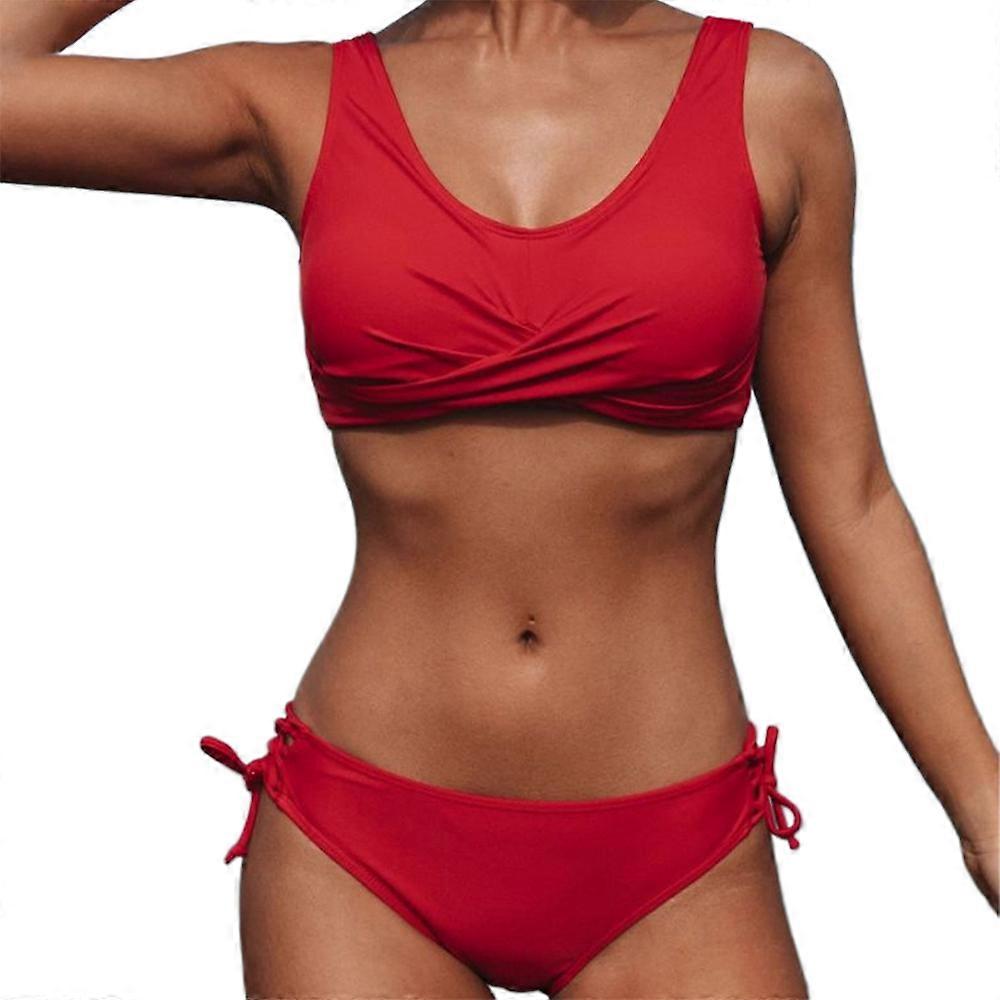 Women V Neck Twist Front Bikini Set Swimsuit 2 Piece Swimwear Drawstring Tie Side Bottom Bathing Suit Padded Beachwear
