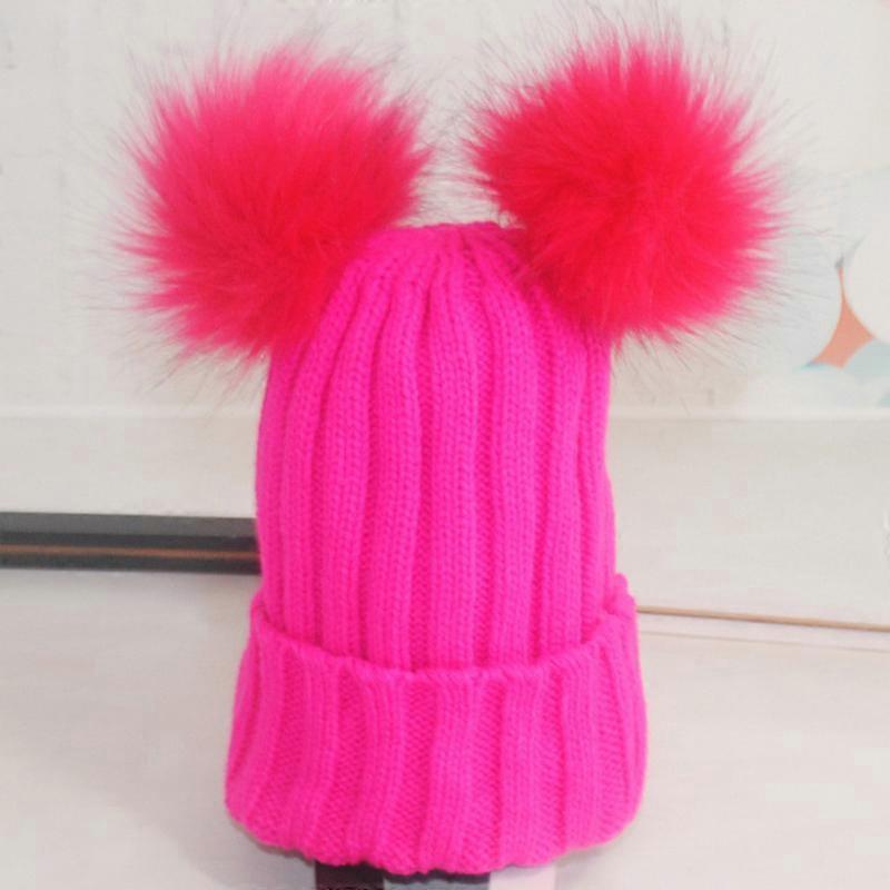 Children Hat Cute Elastic Winter Hat Solid Color Knitted Wool Warm Hat with 2 Plush Ball for Little